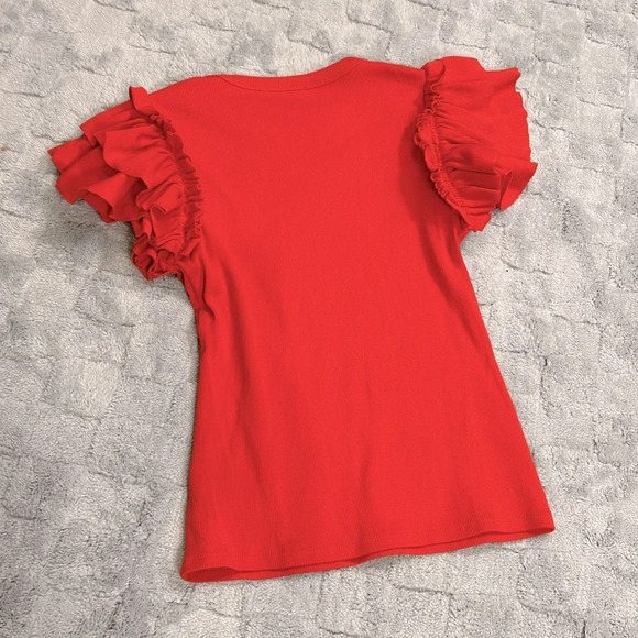 EXPRESS Red Ribbed Knit Body Contouring Ruffled Short Sleeve Blouse / Women’s XS - Picture 5 of 6